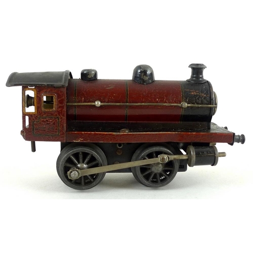 699 - A Marklin O gauge tin plate 0-4-0 tank loco, early 20th century, electric 3-rail, maroon with black ... 