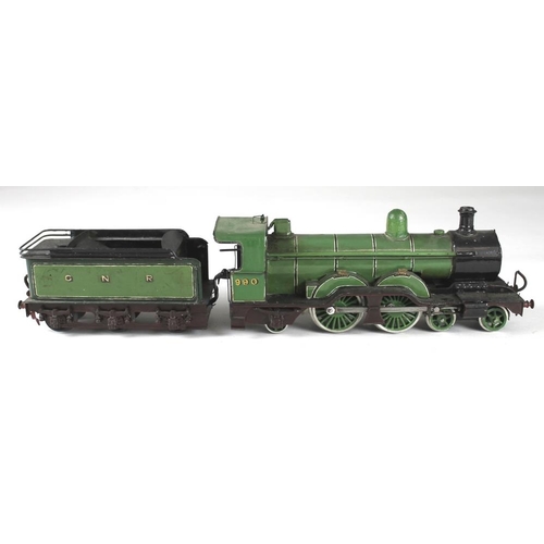 706 - An O gauge 4-4-2 loco and 6 wheel tender, possibly Leeds Model Co, early 20th century, clockwork, 'H... 