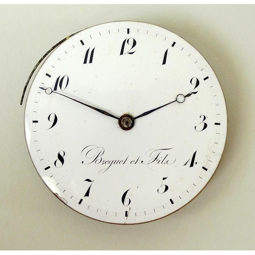 820 - A Breguet et Fils pocket watch chiming movement only, circa 1830, with white 52mm enamel dial, black... 