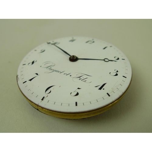 820 - A Breguet et Fils pocket watch chiming movement only, circa 1830, with white 52mm enamel dial, black... 