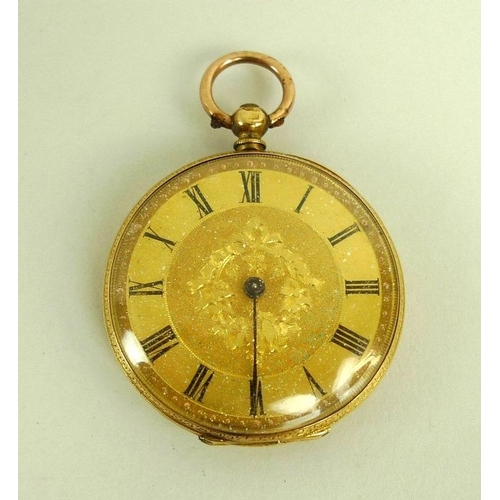 824 - An 18K gold cased lady's pocket watch, late 19th century, open faced, key wind, floral engraved dial... 