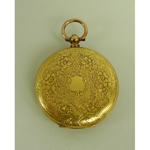 824 - An 18K gold cased lady's pocket watch, late 19th century, open faced, key wind, floral engraved dial... 