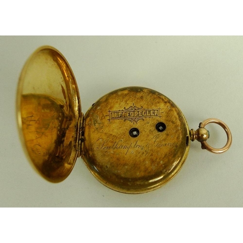 824 - An 18K gold cased lady's pocket watch, late 19th century, open faced, key wind, floral engraved dial... 