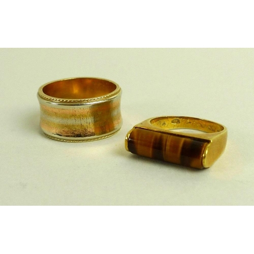 837 - An 18ct gold ring set with a cylinder cut tiger's eye, size 'L', 6.4g, together with a 14ct gold tri... 