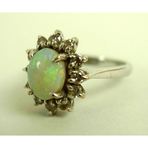 838 - An 18ct white gold and opal dress ring, the central oval cabochon cut opal surrounded by twelve diam... 