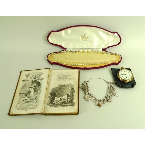 839 - A silver charm bracelet, an Ingersoll pocket watch and two strings of Lotus simulated pearls, togeth... 