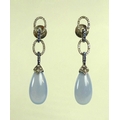 A pair of chalcedony, sapphire and diamond earrings, the jade drops with diamond set surmounts suspe... 