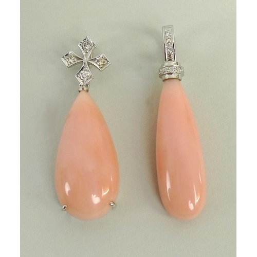 847 - Two pink angel coral Hong Kong pendants, one a large coral teardrop suspended from a surmount and lo... 