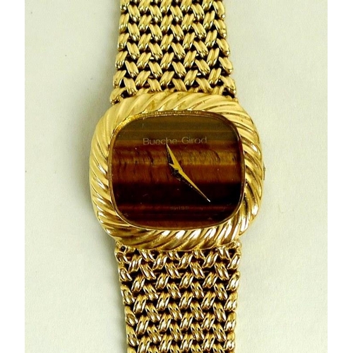 859 - A Bueche-Girod 9ct gold lady's wristwatch, tiger's eye circular dial with twist border, mechanical h... 