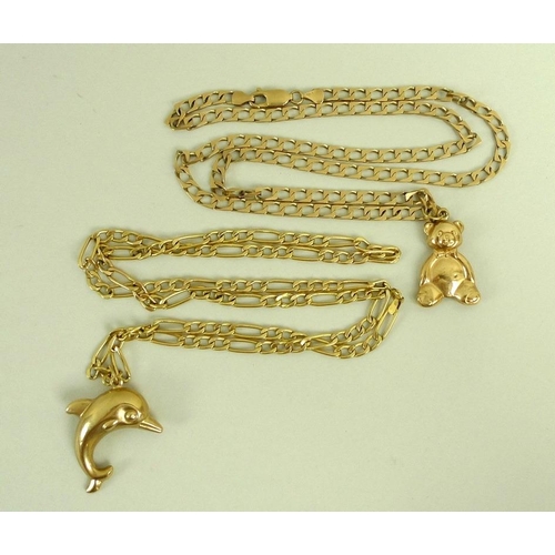 867 - A 9ct gold 'Teddy' bear pendant with chain, together with a 9ct gold dolphin pendant and chain, 23.7... 