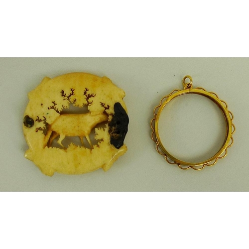 875 - A 9ct gold coin or medallion pendant holder, 3.2g, together with a Victorian carved bone brooch, a/f... 