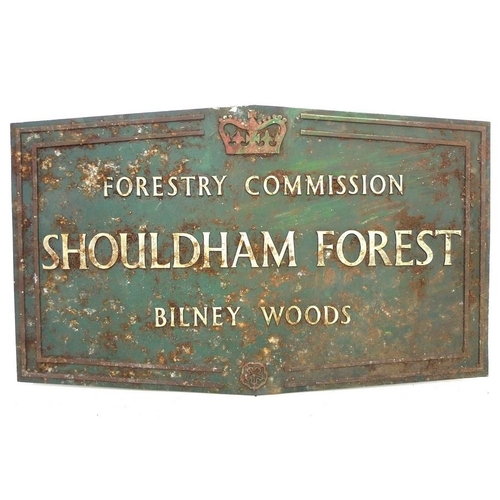 898 - A Forestry Commission cast metal sign, for Shouldham Forest, Bilney Woods, green with white raised w... 