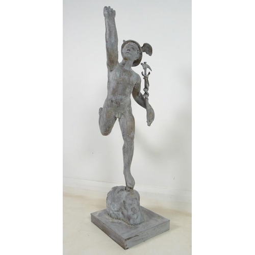 899 - A cast metal statue of Hermes/Mercury, the winged messenger, late 20th century, modelled standing on... 