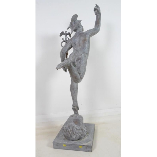 899 - A cast metal statue of Hermes/Mercury, the winged messenger, late 20th century, modelled standing on... 