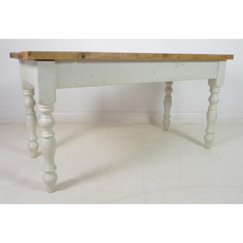 924 - A pine kitchen table, late 20th century, with scrubbed surface, white painted lower section, turned ... 