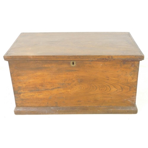 934 - A Victorian oak blanket chest, with candle box and metal carrying handles, 84 by 47 by 43cm high.