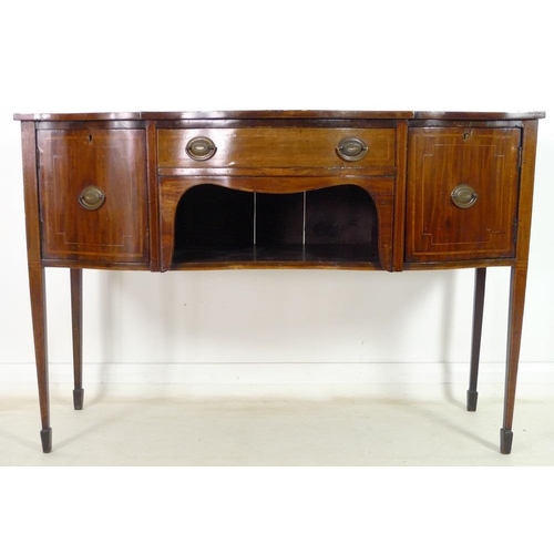 938 - A George III mahogany, line inlaid and crossbanded sideboard, with serpentine shaped front, cupboard... 