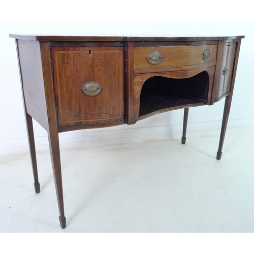 938 - A George III mahogany, line inlaid and crossbanded sideboard, with serpentine shaped front, cupboard... 