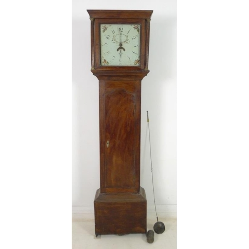 943 - An early 19th century oak long case clock, 30 hour movement striking on a bell, white painted dial, ... 