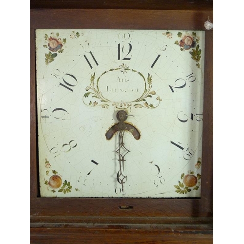 943 - An early 19th century oak long case clock, 30 hour movement striking on a bell, white painted dial, ... 