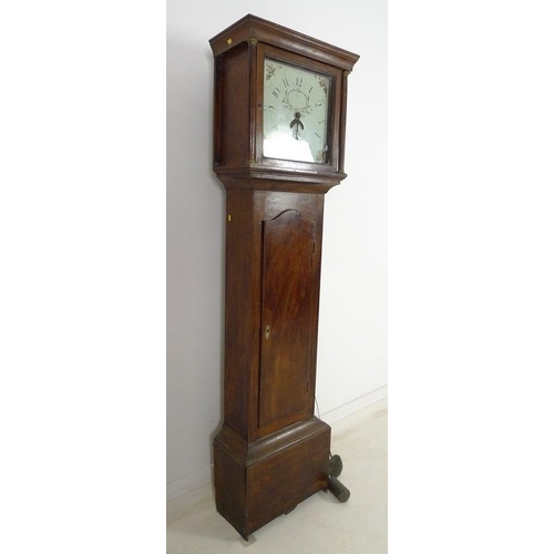 943 - An early 19th century oak long case clock, 30 hour movement striking on a bell, white painted dial, ... 