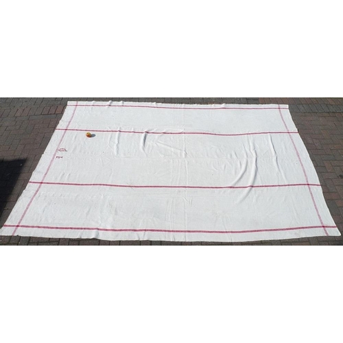 945 - A French linen apple catching sheet, mid 20th century, with woven red line detail and initials, 224 ... 