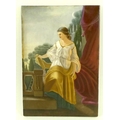 A KPM painted porcelain plaque of a young woman in Greco Roman attire standing on a balcony, Tuscan ... 