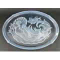 A blue glass platter, reverse engraved with a mermaid, merman, fish, scallop shell and waves, with s... 