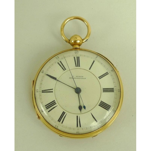 820 - A Victorian 18ct gold pocket watch by J. Sykes, Huddersfield, white enamel dial with black Roman num... 