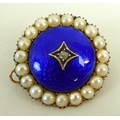 A 15ct gold, diamond, seed pearl and enamel brooch, with border of nineteen half seed pearls around ... 