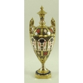 A Royal Crown Derby vase with fixed cover, with slender trumpet neck, the handles of organic form, d... 