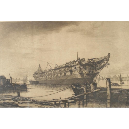 567 - John Lumsden Propert RA (British, 1834-1902): a ship in harbour, etching, signed to the plate, and d... 