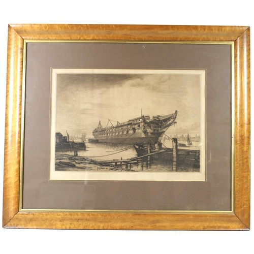 567 - John Lumsden Propert RA (British, 1834-1902): a ship in harbour, etching, signed to the plate, and d... 