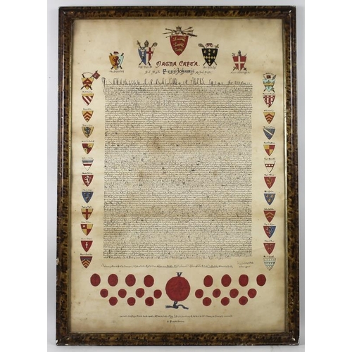 568 - The Magna Carta: a pair of 20th century prints, with hand colouring, one in English, the other in La... 