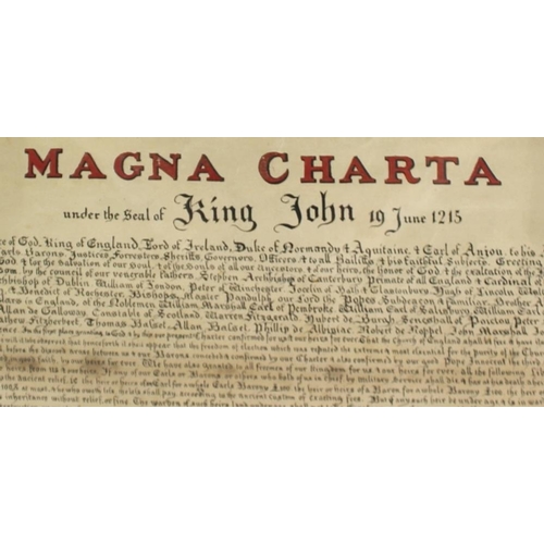 568 - The Magna Carta: a pair of 20th century prints, with hand colouring, one in English, the other in La... 