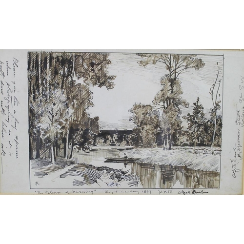 576 - Sir Alfred East (British, 1849-1913): 'The Silence of Morning', a pen and ink landscape, with fisher... 