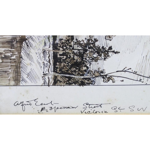 576 - Sir Alfred East (British, 1849-1913): 'The Silence of Morning', a pen and ink landscape, with fisher... 