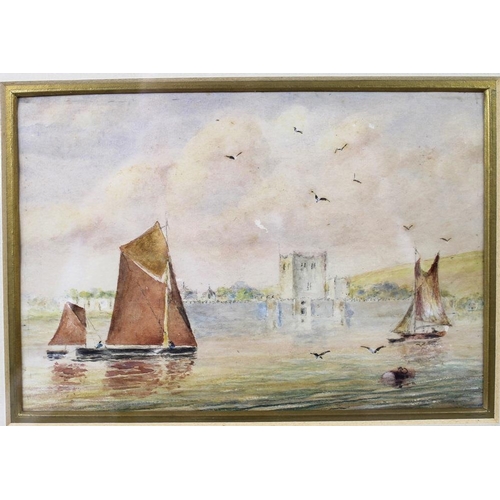 577 - British School (19th century): a pair of watercolours, one depicting a castle, the other sail boats ... 