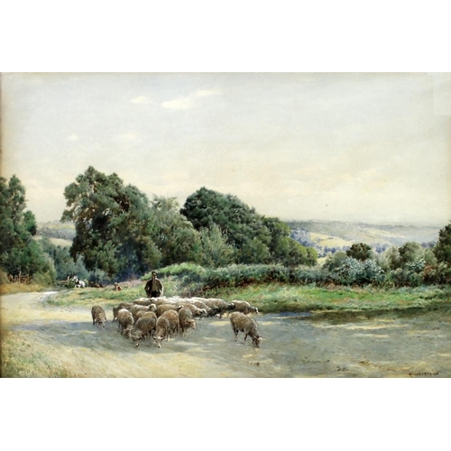 589 - Miller Smith RBA (British, 1854-1937): 'The Shepherd's Care', a Hertfordshire pastoral watercolour, ... 