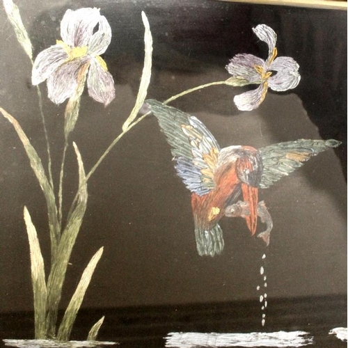 592 - An early 20th century painting of a stork and kingfishers, in the Chinese style, oil paint with heav... 