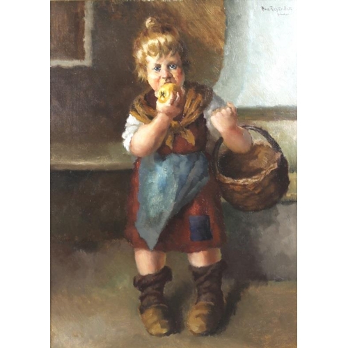 593 - Hans Richter-Dam, Munchen (German, 1881-1937): young girl eating an apple, with a basket, oil on can... 