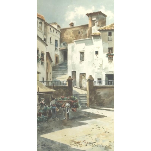 595 - Fransisco Candela (Spanish, 20th century): a Seville street scene with old town steps, and a laden d... 