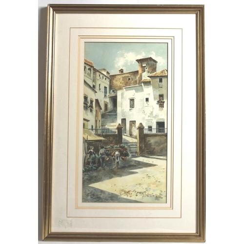 595 - Fransisco Candela (Spanish, 20th century): a Seville street scene with old town steps, and a laden d... 