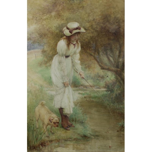 596 - Percy Harland Fisher (British, 1867-1944): an Edwardian girl fishing on the banks of a brook, with h... 