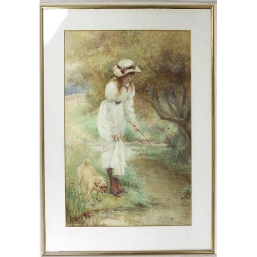 596 - Percy Harland Fisher (British, 1867-1944): an Edwardian girl fishing on the banks of a brook, with h... 