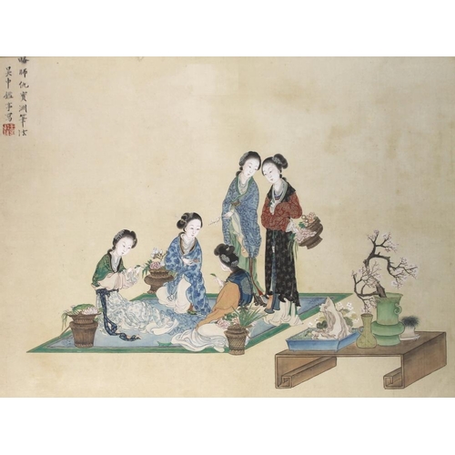 598 - A Chinese gouache painting on silk, early 19th century, depicting five ladies upon a blue rug, arran... 