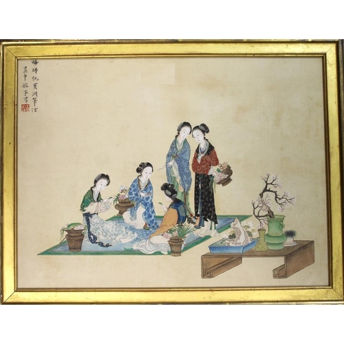 598 - A Chinese gouache painting on silk, early 19th century, depicting five ladies upon a blue rug, arran... 