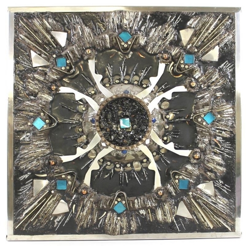 604 - Elizabeth Lewis (20th century): 'Point of Impact', a mixed media wall sculpture of metals, glass and... 