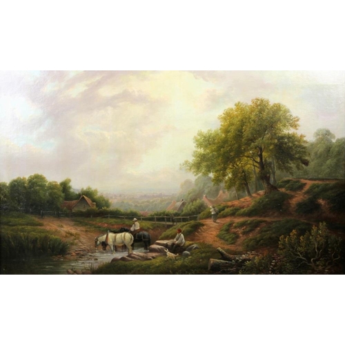 604A - J. B. Cook of Leamington (British, 19th Century): summer landscape of horses watering at a stream, s... 