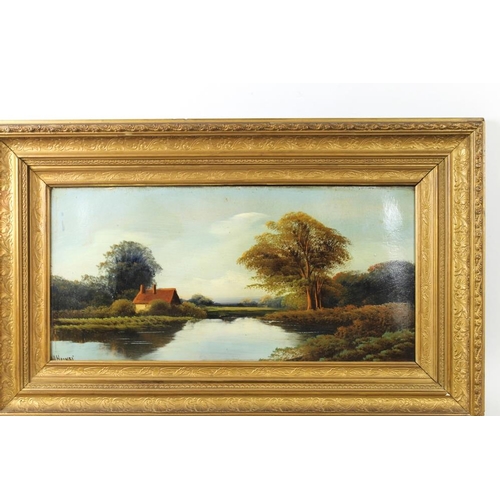 605 - W. Haines (19th century): a series of four landscapes based around a Fenland cottage, oil on board, ... 